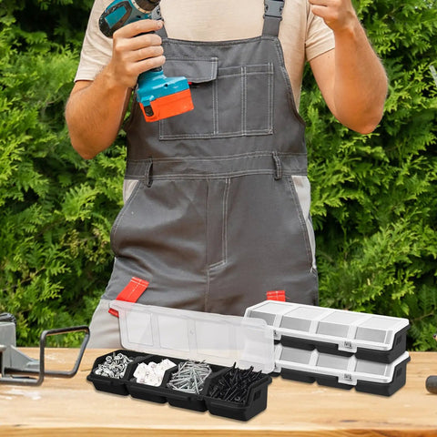 6 Pack Screw Organizer Bins With Lids stackable plastic boxes filled with screws on a workbench, DIY tools background