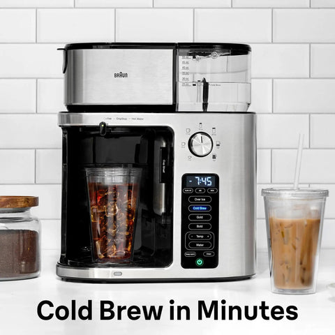 10 Cup Drip Coffee Maker With Hot And Cold Multi Serve Brewer showing cold brew function, stainless steel design, front view