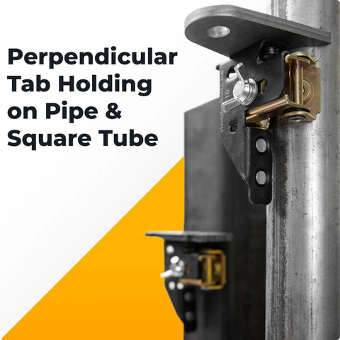 Adjustable magnetic tab holder clamped to a metal pipe; supports vertical and horizontal tabs