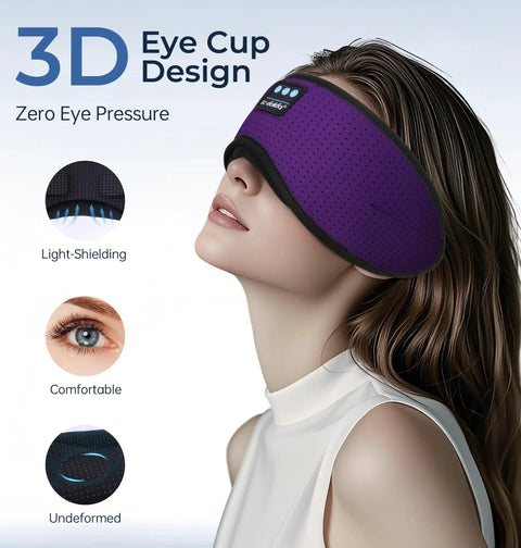 Bluetooth Sleep Mask With White Noise And Wireless Headphones, Ultra Soft Breathable Eye Mask in 3D design worn by a woman.