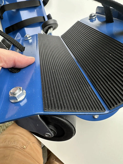 Close-up of Heavy Duty 3 Piece Snowmobile Dolly Set rubber pads and swivel caster for 1500 Lb capacity moving sleds.