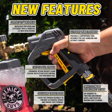 Person holding Snubby Pressure Washer Gun With Foam Cannon Attachment For Thick Clinging Foam Short Handle Design