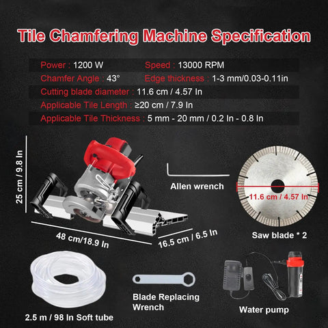 Killer Electric Tile Chamfering Machine With 43 Degree Precision Bevel Cutter And 1200W Wet Cutting Power for 11.6 cm blade specs.