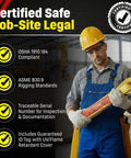 Worker holding Heavy Duty Nylon Lifting Strap 1 Inch By 3 Foot USA Made 3200 Pound Vertical 2600 Pound Choker 6400 Pound Basket Sling.