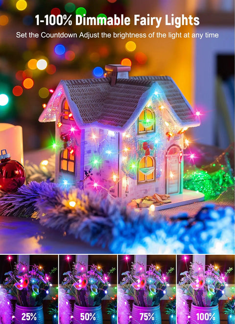 Miniature house decorated with colorful App Controlled Curtain String Lights With 400 LED Pixel Art And Text Creator, dimmable brightness.