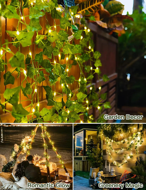 Solar Ivy String Lights Outdoor Waterproof 33Ft 100 LED Fake Vines With Lights Artificial Greenery Leaves on a fence