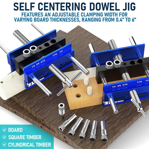 Upgraded 6.7 Inch Self Centering Doweling Jig Kit for Precise Straight Holes with adjustable width and steel clamp on wood board
