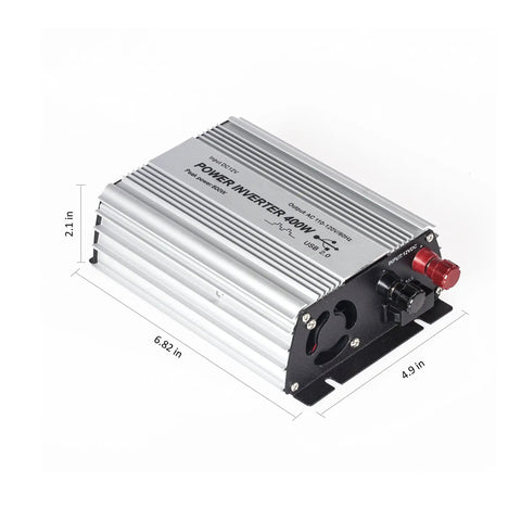 400 Watt Power Inverter DC To AC Converter With Quick Charge USB And Dual Outlets showing size and ports for road trips.