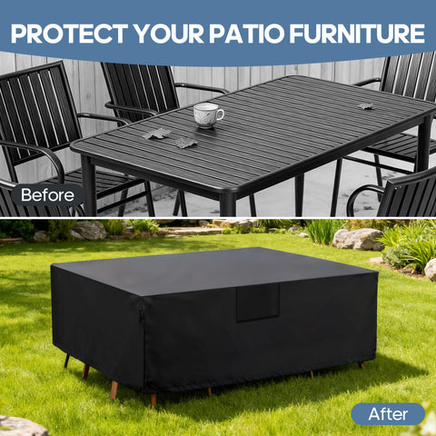 Heavy Duty Outdoor Furniture Cover for Rectangular Patio Table and Chairs, 600D UV Resistant and Waterproof, Black, Before and After