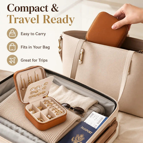 Super Chic Travel Jewelry Box With Waterproof PU Leather Exterior And Soft Flannel Interior Removable Dividers for easy packing.
