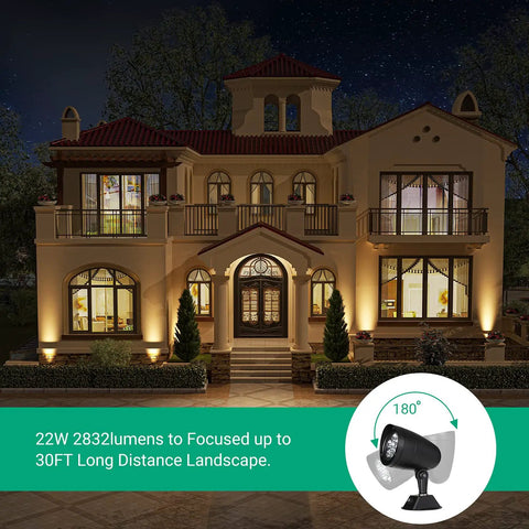 22W Dusk To Dawn Outdoor Spotlight With Photocell Sensor illuminating a mansion, showcasing 2832 lumens, 3000K warm white