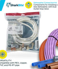 Dishwasher Connection Kit With Push To Connect Brass Fittings For PEX Copper CPVC PERT HDPE in packaging with pipes.