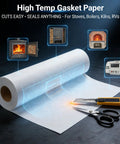 White high-temperature gasket paper roll (7x10 in, 1/8 in thick) with scissors and utility knife