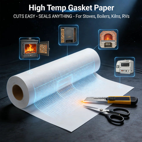 White high-temperature gasket paper roll (7x10 in, 1/8 in thick) with scissors and utility knife