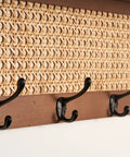 Wall Mount Coat Rack With Hooks And Shelf Made From Natural Pine And Woven Rattan A Boho Chic Entryway Organizer For Hanging Coats Keys Hangers This Space Saving Durable Wooden Holder For Hallway Bedroom And Office The Rattan Model close-up of hooks