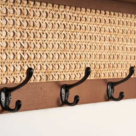 Wall Mount Coat Rack With Hooks And Shelf Made From Natural Pine And Woven Rattan A Boho Chic Entryway Organizer For Hanging Coats Keys Hangers This Space Saving Durable Wooden Holder For Hallway Bedroom And Office The Rattan Model close-up of hooks