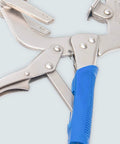 Close-up of locking welding pipe pliers with ergonomic grip and clamp mechanism for secure pipe fitting in welding projects.