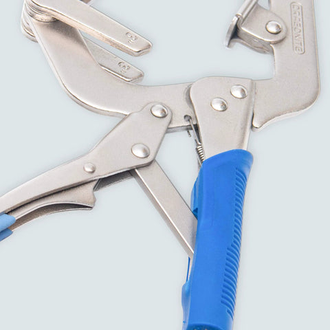 Close-up of locking welding pipe pliers with ergonomic grip and clamp mechanism for secure pipe fitting in welding projects.