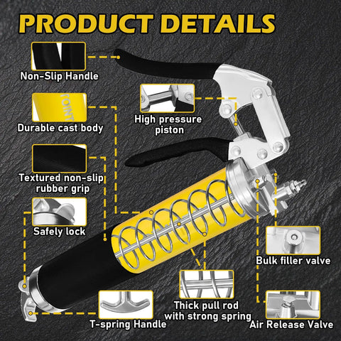 Heavy Duty Beefy 14Oz 15 Piece Pro Grade Grease Gun Kit With 7000 PSI Leak-Proof Spray Gun, detailed parts overview, yellow
