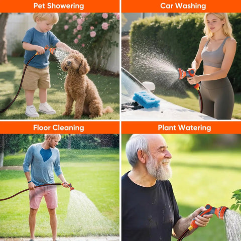 90 Foot Retractable Garden Hose Reel With Automatic Rewind in use for pet showering, car washing, floor cleaning, and plant watering