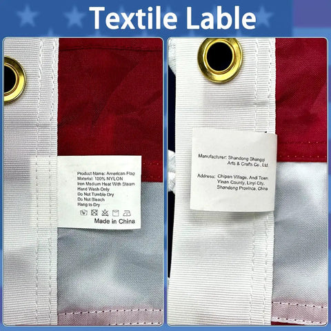 Close-up of Durable Outdoor US Flag 4x6 Ft with brass grommets, showing textile label and material details, ideal for weather display.