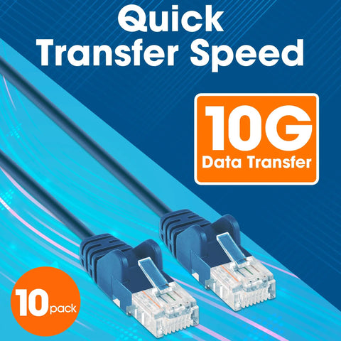 Slim Cat6 Ethernet Patch Cable Kit, 10 Pack, 1 Ft Rack-Friendly Length, Snagless Boots, 30AWG Pure Bare Copper, Blue