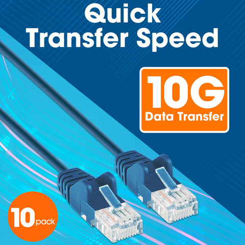 Slim Cat6 Ethernet Patch Cable 3Ft 10 Pack Blue With Snagless Boots 30AWG Bare Copper Wire Gold Plated Contacts And Lifetime Warranty For Fast Rock Solid Networking In Tight Spaces