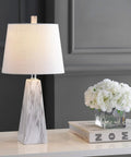 White Marble Look Resin Table Lamp With Faceted Contemporary Design, Cool Bedside Lamp For Bedroom Or Living Room, White Linen Shade