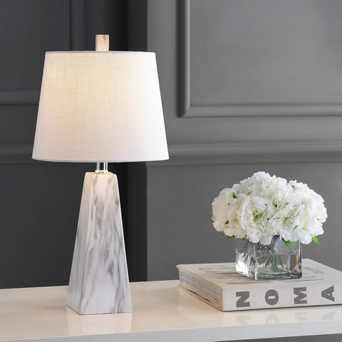 White Marble Look Resin Table Lamp With Faceted Contemporary Design, Cool Bedside Lamp For Bedroom Or Living Room, White Linen Shade