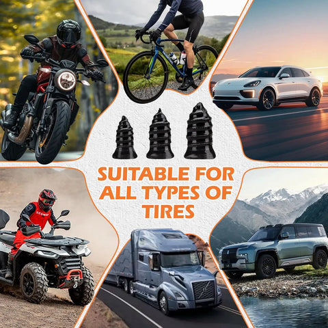 Quick Fix Tire Plug Repair Kit With 100 Self Service Screws for cars, motorcycles, bicycles, trucks, and ATVs displayed.