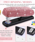 Pink Sparkle Bling Stapler With Rhinestone Glitter 20 Sheet Capacity Includes 1000 Staples showing two binding modes