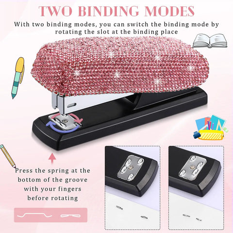 Pink Sparkle Bling Stapler With Rhinestone Glitter 20 Sheet Capacity Includes 1000 Staples showing two binding modes