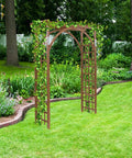 7Foot Wooden Garden Arbor Arch For Outdoor Trellis And Pergola, Perfect For Climbing Roses And Vines, Wedding Ceremony Decor, Durable Weatherproof Build In Dark Brown, A Yard Ready Patio And Courtyard Lawn Accent. Wooden arbor in a garden setting with climbing vines.