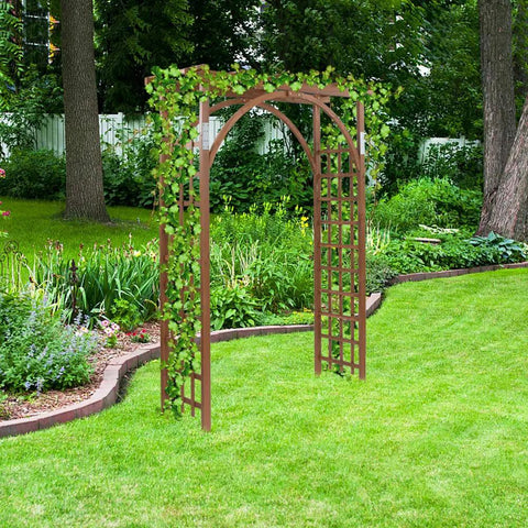 7Foot Wooden Garden Arbor Arch For Outdoor Trellis And Pergola, Perfect For Climbing Roses And Vines, Wedding Ceremony Decor, Durable Weatherproof Build In Dark Brown, A Yard Ready Patio And Courtyard Lawn Accent. Wooden arbor in a garden setting with climbing vines.