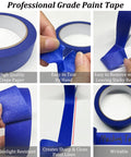Blue Painter's Tape For Walls And Crafts Premium Masking Tape No Residue Easy Removal 88 Yards Total Pack Includes 4 Rolls 0.94 Inch Wide Ideal For Painting Decorating Labeling Drafting And DIY Arts being torn and applied, showing features such as high quality, easy tear and removal, UV resistance, sharp paint lines, and writability.