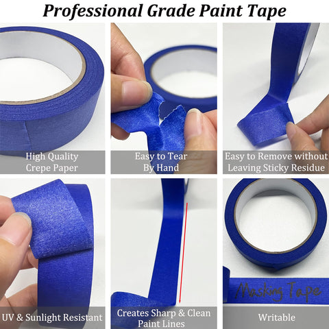 Blue Painter's Tape For Walls And Crafts Premium Masking Tape No Residue Easy Removal 88 Yards Total Pack Includes 4 Rolls 0.94 Inch Wide Ideal For Painting Decorating Labeling Drafting And DIY Arts being torn and applied, showing features such as high quality, easy tear and removal, UV resistance, sharp paint lines, and writability.