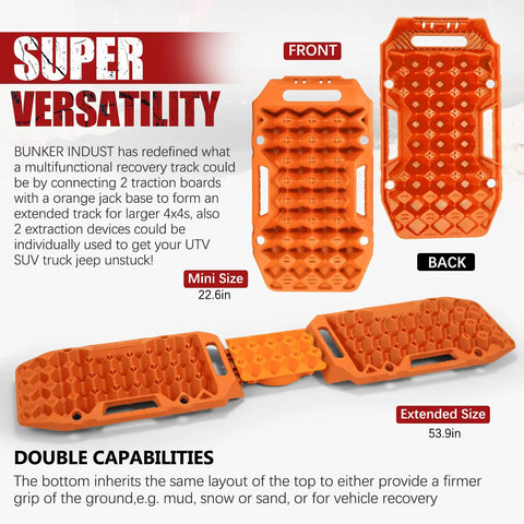 Extendable Offroad Traction Tracks With Jack Base Multifunction Recovery Mat For Snow Mud Sand Twin Pad Design For 4x4 SUV ATV UTV Truck Orange Gen 8 with front and back view