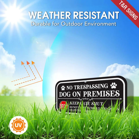 Badass Yard Setup 12 X 6 Inch No Trespassing Dog On Premises Sign 2 Pack Heavy Aluminum displayed in grass under sunlight.