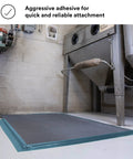 Blue duct tape securing mat on industrial floor, heavy duty duct tape outdoor grade slate blue 48 mm by 55 m roll pack, 3 rolls