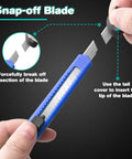 Demonstration of snap-off blade feature on 24 Pack 9mm Wide Box Cutters Retractable Utility Knife Set For Heavy Duty Office Home Use Arts Crafts And DIY Projects Grab And Go Grips Workhorse Design Extended Use With Disposable Blades.