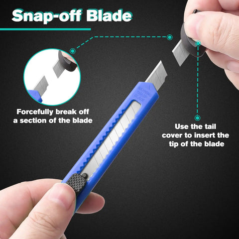 Demonstration of snap-off blade feature on 24 Pack 9mm Wide Box Cutters Retractable Utility Knife Set For Heavy Duty Office Home Use Arts Crafts And DIY Projects Grab And Go Grips Workhorse Design Extended Use With Disposable Blades.