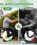 Comparison of heavy duty foldable garden kneeler and seat with handle showing stable square tube design versus less stable version.