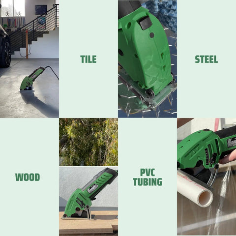 Compact Circular Saw Set For DIY Projects Cut Drywall Tile Grout Metal Pipes PVC Plastic Copper And Carpet With Blades Dust Collector And Case Super Handy As Seen On TV Green shown cutting tile, steel, wood, and PVC tubing.