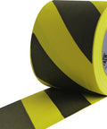 Heavy Duty Cable Path Gaffers Tape With Black Yellow Stripes Durable Vinyl Coated Cloth 4 Inch Wide 30 Yards Long Matte Finish For Irregular Surfaces Easy Adhesive Removal Pack Of 1 roll angled view