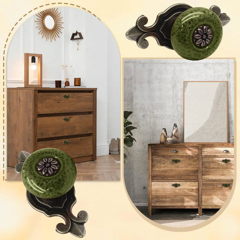 Fresh Green Cabinet Knobs With Vintage Tile Pattern Zinc Alloy Screw Back Hardware Solid Pick Premium Drawer Pulls on wooden dresser.
