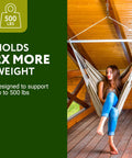 Beefed Up Heavy Duty Hammock Chair Swivel Hook With 500 Pound Capacity in use, holding a person on a wooden porch.