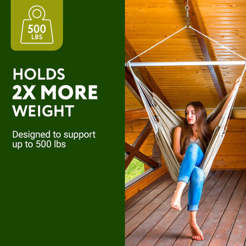 Beefed Up Heavy Duty Hammock Chair Swivel Hook With 500 Pound Capacity in use, holding a person on a wooden porch.