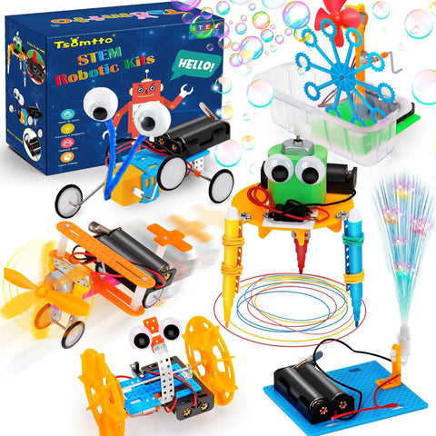 Six Piece Robot Kit Set For Kids 5 To 12 Build Reptile Robot Balance Car Bubble Machine and more with STEM science focus.