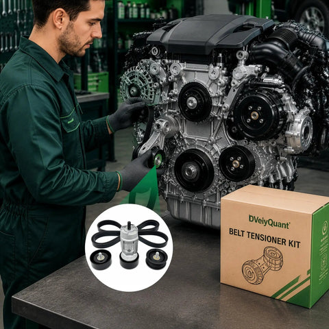 Mechanic with engine and Beefy Serpentine Belt Tensioner Kit with Belt and Idler Pulley for Hyundai Kia models 2011-2015