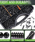 Built Tough Heavy Duty 410 Stainless Steel Self Drilling Screws With Black Truss Heads For Sheet Metal Wood And Plastic Projects in storage case.